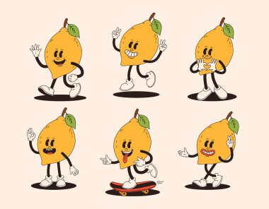 Farklı pozlarda harika bir limon maskotu. Tuhaf bir retro karakter. Çizgi film limonları, gülümseyen, yürüyen, kaykayın üzerinde, elleriyle kalbi gösteren.