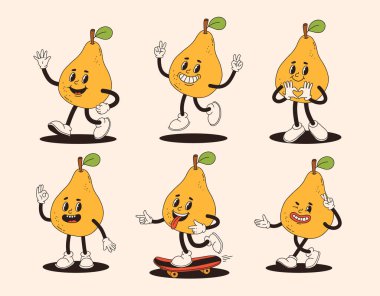 Farklı pozlarda armut maskotu. Tuhaf bir retro karakter. Çizgi film armutları, gülümseyen, yürüyen, kaykayın üzerinde, elleriyle kalbi gösteren.