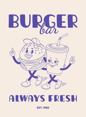 Fast food afişi bej üzerine mavi. Sokak yemekleri karakterleriyle eski moda illüstrasyonlar. Harika hamburgerli broşür, patates kızartması, soda, dondurma, çörek, turta, kahve. Fast food teslimatı