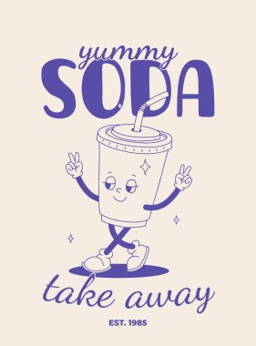 Fast food afişi bej üzerine mavi. Sokak yemekleri karakterleriyle eski moda illüstrasyonlar. Harika hamburgerli broşür, patates kızartması, soda, dondurma, çörek, turta, kahve. Fast food teslimatı