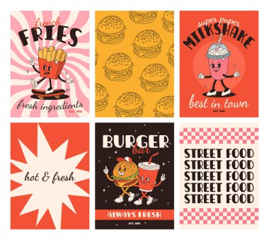 Fast food posterleri. Sokak yemekleri karakterli eski moda kartlar. Süper hamburgerli broşür, patates kızartması, soda, dondurma, çörek, turta, paket kahve, sandviç. Fast food teslimatı