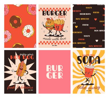Fast food posterleri. Sokak yemekleri karakterli eski moda kartlar. Süper hamburgerli broşür, patates kızartması, soda, dondurma, çörek, turta, paket kahve, sandviç. Fast food teslimatı