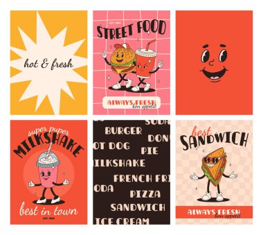 Fast food posterleri. Sokak yemekleri karakterli eski moda kartlar. Süper hamburgerli broşür, patates kızartması, soda, dondurma, çörek, turta, paket kahve, sandviç. Fast food teslimatı