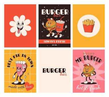 Fast food posterleri. Sokak yemekleri karakterli eski moda kartlar. Süper hamburgerli broşür, patates kızartması, soda, dondurma, çörek, turta, paket kahve, sandviç. Fast food teslimatı
