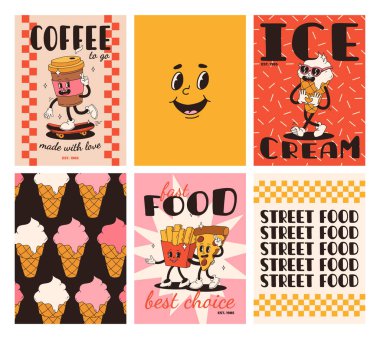 Fast food posterleri. Sokak yemekleri karakterli eski moda kartlar. Süper hamburgerli broşür, patates kızartması, soda, dondurma, çörek, turta, paket kahve, sandviç. Fast food teslimatı