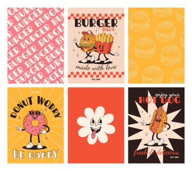 Fast food posterleri. Sokak yemekleri karakterli eski moda kartlar. Süper hamburgerli broşür, patates kızartması, soda, dondurma, çörek, turta, paket kahve, sandviç. Fast food teslimatı