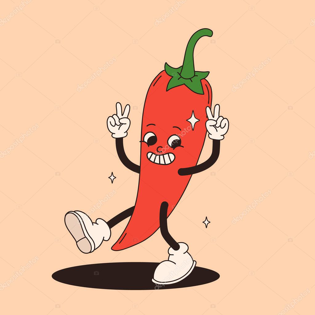 Funny vegetables retro cartoon characters sticker. Modern label with cute comics characters. Hand drawn doodles of comic mascot. Set in modern cartoon style. 70s retro vibes.