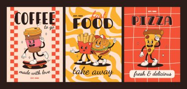 Çizgi film fast food posteri. Maskot yemek karakterleri olan eski moda kartlar. Kafe için alıntı metni olan broşür tasarımı. Fiyakalı hamburgerli pankart, patates kızartması, soda, dondurma. Fast food teslimatı