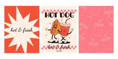 Fast food posterleri. Sokak yemekleri karakterli eski moda kartlar. Süper hamburgerli broşür, patates kızartması, soda, dondurma, çörek, turta, paket kahve, sandviç. Fast food teslimatı