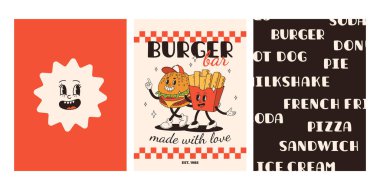 Fast food posterleri. Sokak yemekleri karakterli eski moda kartlar. Süper hamburgerli broşür, patates kızartması, soda, dondurma, çörek, turta, paket kahve, sandviç. Fast food teslimatı