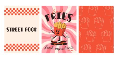 Fast food posterleri. Sokak yemekleri karakterli eski moda kartlar. Süper hamburgerli broşür, patates kızartması, soda, dondurma, çörek, turta, paket kahve, sandviç. Fast food teslimatı