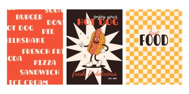 Fast food posterleri. Sokak yemekleri karakterli eski moda kartlar. Süper hamburgerli broşür, patates kızartması, soda, dondurma, çörek, turta, paket kahve, sandviç. Fast food teslimatı