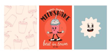 Fast food posterleri. Sokak yemekleri karakterli eski moda kartlar. Süper hamburgerli broşür, patates kızartması, soda, dondurma, çörek, turta, paket kahve, sandviç. Fast food teslimatı