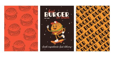 Fast food posterleri. Sokak yemekleri karakterli eski moda kartlar. Süper hamburgerli broşür, patates kızartması, soda, dondurma, çörek, turta, paket kahve, sandviç. Fast food teslimatı