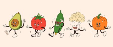 Komik sebzeler çizgi film karakterleri çıkartma seti. Şirin çizgi roman karakterleri olan modern etiket. Çizgi roman maskotunun el çizimleri. Modern çizgi film tarzında ayarlanmış. 70 'lerin retro titreşimleri.