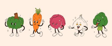 Komik sebzeler çizgi film karakterleri çıkartma seti. Şirin çizgi roman karakterleri olan modern etiket. Çizgi roman maskotunun el çizimleri. Modern çizgi film tarzında ayarlanmış. 70 'lerin retro titreşimleri.