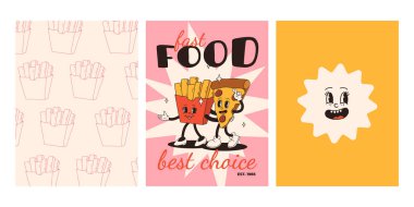 Fast food posterleri. Sokak yemekleri karakterli eski moda kartlar. Süper hamburgerli broşür, patates kızartması, soda, dondurma, çörek, turta, paket kahve, sandviç. Fast food teslimatı