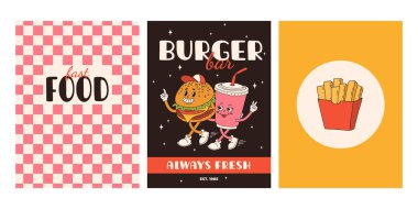 Fast food posterleri. Sokak yemekleri karakterli eski moda kartlar. Süper hamburgerli broşür, patates kızartması, soda, dondurma, çörek, turta, paket kahve, sandviç. Fast food teslimatı