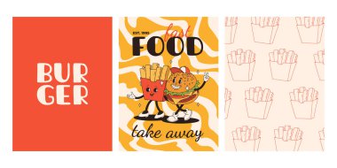 Fast food posterleri. Sokak yemekleri karakterli eski moda kartlar. Süper hamburgerli broşür, patates kızartması, soda, dondurma, çörek, turta, paket kahve, sandviç. Fast food teslimatı