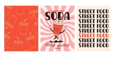 Fast food posterleri. Sokak yemekleri karakterli eski moda kartlar. Süper hamburgerli broşür, patates kızartması, soda, dondurma, çörek, turta, paket kahve, sandviç. Fast food teslimatı