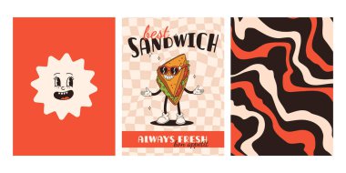 Fast food posterleri. Sokak yemekleri karakterli eski moda kartlar. Süper hamburgerli broşür, patates kızartması, soda, dondurma, çörek, turta, paket kahve, sandviç. Fast food teslimatı