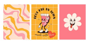 Fast food posterleri. Sokak yemekleri karakterli eski moda kartlar. Süper hamburgerli broşür, patates kızartması, soda, dondurma, çörek, turta, paket kahve, sandviç. Fast food teslimatı