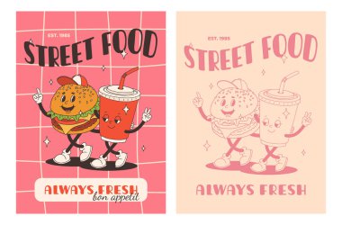Fast food posterleri. Sokak yemekleri karakterli eski moda kartlar. Süper hamburgerli broşür, patates kızartması, soda, dondurma, çörek, turta, paket kahve, sandviç. Fast food teslimatı