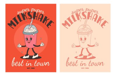 Fast food posterleri. Sokak yemekleri karakterli eski moda kartlar. Süper hamburgerli broşür, patates kızartması, soda, dondurma, çörek, turta, paket kahve, sandviç. Fast food teslimatı