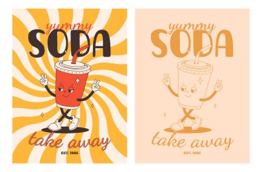 Fast food posterleri. Sokak yemekleri karakterli eski moda kartlar. Süper hamburgerli broşür, patates kızartması, soda, dondurma, çörek, turta, paket kahve, sandviç. Fast food teslimatı