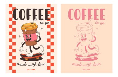 Fast food posterleri. Sokak yemekleri karakterli eski moda kartlar. Süper hamburgerli broşür, patates kızartması, soda, dondurma, çörek, turta, paket kahve, sandviç. Fast food teslimatı