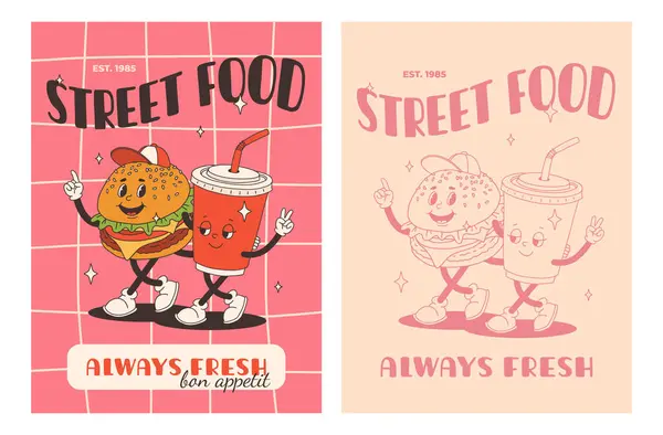 Fast food posterleri. Sokak yemekleri karakterli eski moda kartlar. Süper hamburgerli broşür, patates kızartması, soda, dondurma, çörek, turta, paket kahve, sandviç. Fast food teslimatı