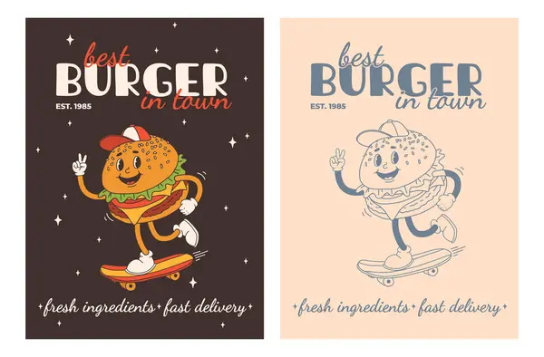 Fast food posterleri. Sokak yemekleri karakterli eski moda kartlar. Süper hamburgerli broşür, patates kızartması, soda, dondurma, çörek, turta, paket kahve, sandviç. Fast food teslimatı