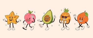 Eski moda meyve karakterleri. Karambola şeftalili avokado ananas portakalının komik maskotu ve gülen surat. Komik, modaya uygun bir karakter.