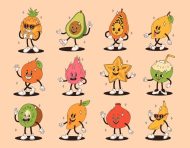 Eski moda tropikal meyve karakterleri. Ananas avokado papaya mango portakallı ejderha meyvesi karambola yeşil hindistancevizli kiraz limonlu nar muz ve mutlu bir gülümseme..