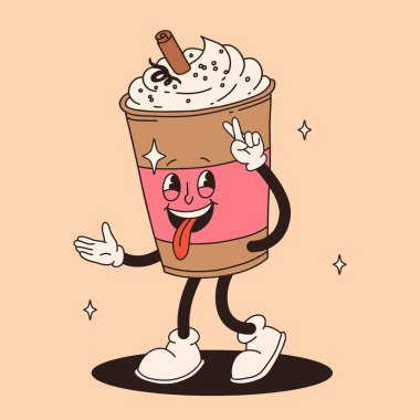 Harika bir çizgi film karakteri. Kahve etiketi. Psikedelik gülüşü ve duyguları olan klasik komik bir maskot. Kafe, bar, restoran tasarımı. Komik trend vektör illüstrasyonu 70 'ler 90' lar tarzı