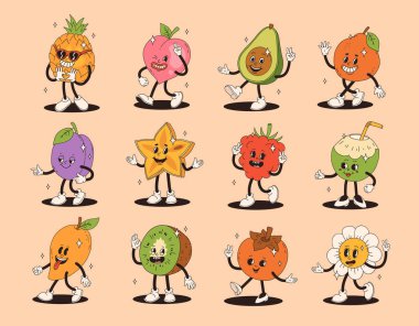 Eski moda tropikal meyve karakterleri. Ananas, şeftali, portakal, erik, karambola ahududu, hindistancevizi, kivi, papatya çiçeği, gülen surat..