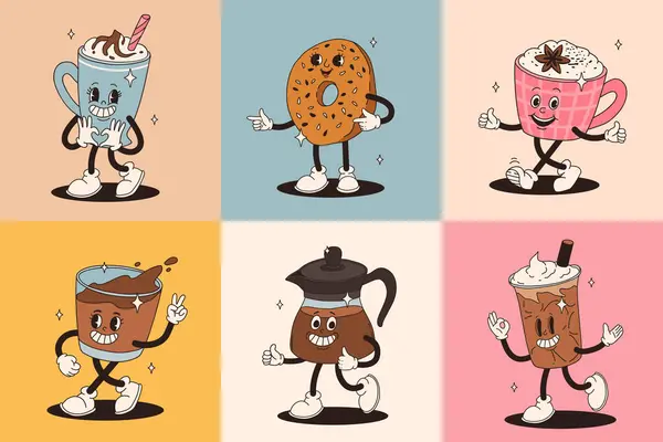 Retro Groovy Satt Med Kaffemaskot Tegneseriefigurer Morsomme Fargerike Doodle Stil – stockvektor