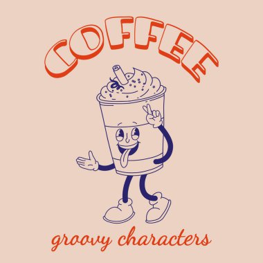 Harika bir çizgi film karakteri. Kahve etiketi. Psikedelik gülüşü ve duyguları olan klasik komik bir maskot. Kafe, bar, restoran tasarımı. Komik trend vektör illüstrasyonu 70 'ler 90' lar tarzı