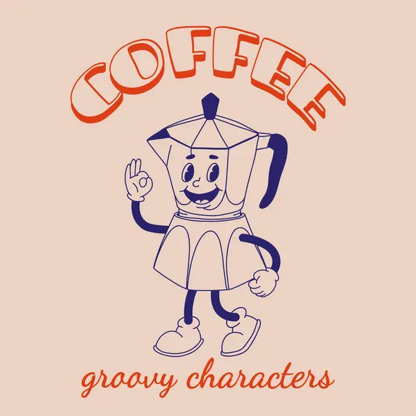 Funky Groovy Stripfiguur Koffie Sticker Vintage Grappige Mascotte Met Psychedelische — Stockvector