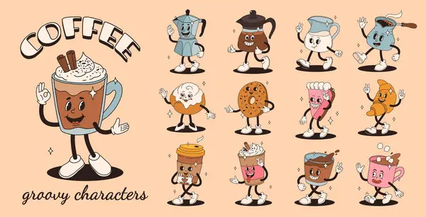 Retro Groovy Set Met Koffie Mascotte Stripfiguren Grappige Kleurrijke Doodle — Stockvector