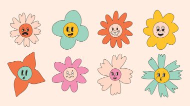 Harika çiçek çizgi film karakterleri. Gözleri ve gülümsemesiyle komik, mutlu bir papatya. Moda modası geçmiş trip tarzında çıkartma paketi. İzole vektör çizimi. Hippi 60 'lar, 70' ler tarzı.