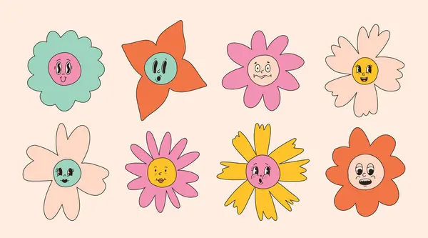 Groovy Blomst Tegneseriefigurer Morsomt Lykkelig Daisy Med Øyne Smil Klistremerkepakke – stockvektor