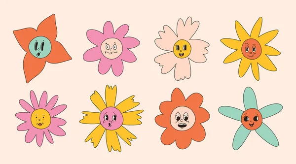 Groovy Blomst Tegneseriefigurer Morsomt Lykkelig Daisy Med Øyne Smil Klistremerkepakke – stockvektor
