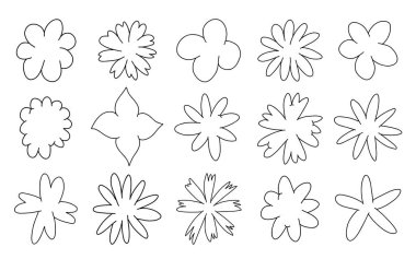 Soyut bulut ve çiçek şekilleri çıkartma paketi. Harika bir çiçek, baloncuk, yıldız, döngü, modaya uygun 90 'lar çizgi film tarzı dalgalar. Çiçek ve leke elementleriyle vektör illüstrasyonuName.