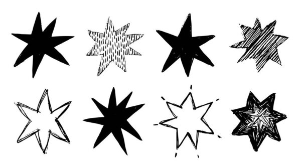 Set of black doodle-style stars drawn by hand. Grunge scrawls, charcoal scribbles, rough brush strokes, underlines and circles. Bold charcoal freehand stars. Crayon or marker scribbles