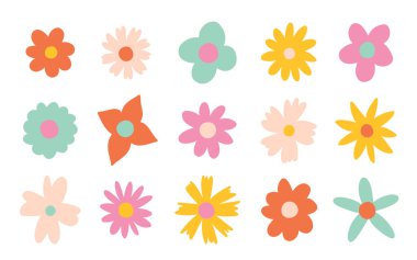 70 'lerin tarzında çiçek seti ve harika papatya çiçekleri. Retro çiçekli naif vektör tasarımı. 60 'ların, 70' lerin, 80 'lerin tarzı