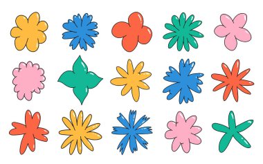 Soyut bulut ve çiçek şekilleri çıkartma paketi. Harika bir çiçek, baloncuk, yıldız, döngü, modaya uygun 90 'lar çizgi film tarzı dalgalar. Çiçek ve leke elementleriyle vektör illüstrasyonuName.