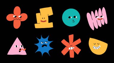 Soyut elementler ayarlandı. Yıldız, çiçek, bulut şekilleri çıkartma paketi. Harika bir çiçek, baloncuk, yıldız, döngü, çizgi film yüzlü dalgalar. Eski moda 90 'lar çizgi film stili.