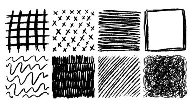 Kalem darbesi izi. Kalem karalaması. Kalem çizgileriyle el çizimi çizimi. Çapraz ya da paralel kapak. Siyah beyaz grunge arka planlar. Vektör kare kuluçka şekilleri ayarlandı