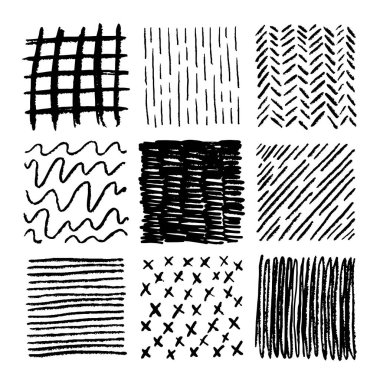 Kalem darbesi izi. Kalem karalaması. Kalem çizgileriyle el çizimi çizimi. Çapraz ya da paralel kapak. Siyah beyaz grunge arka planlar. Vektör kare kuluçka şekilleri ayarlandı